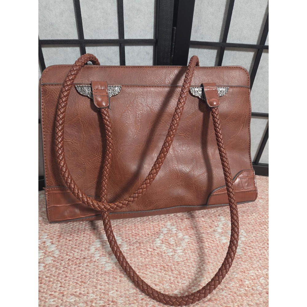 Bueno Brown Vegan Leather Braided Strap Western Shoulder Bag Tote Croc Trim